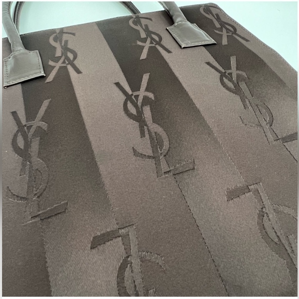 Yves Saint Laurent YSL Logo Brown Stripe Nylon Bag w/leather handles & COA - Picture 6 of 13
